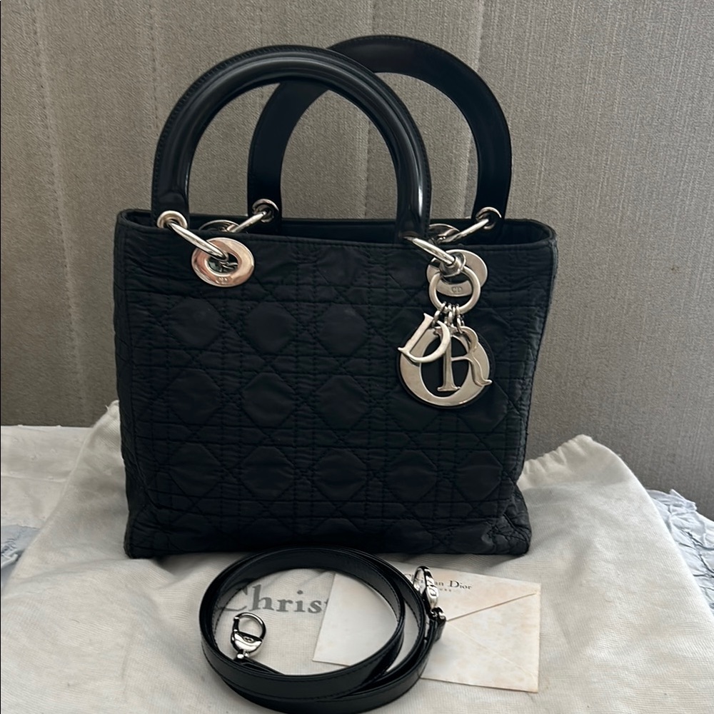 Vintage Lady Dior Cannage Nylon Quilted 2-Way Handbag